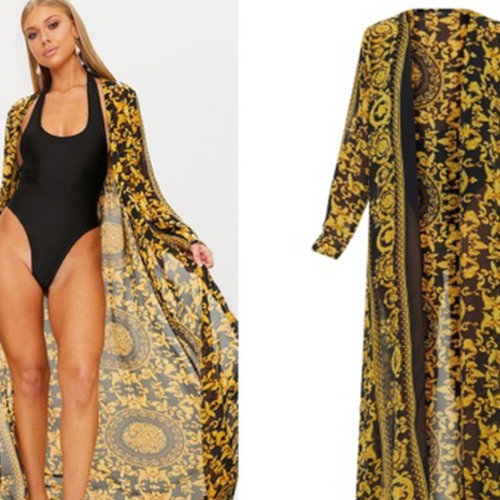Black and Yellow Beach Cover Up Kimono